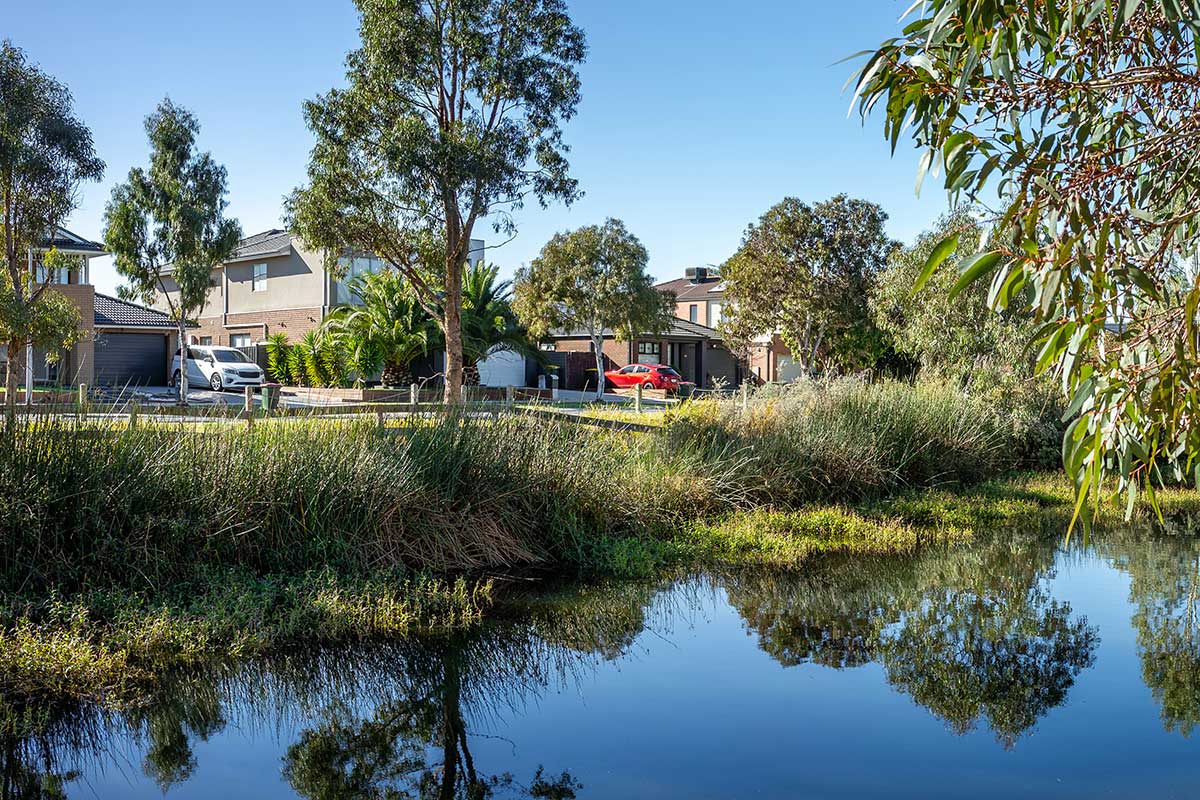 Homes and trees beside a natural waterway in a suburban neighbourhood.